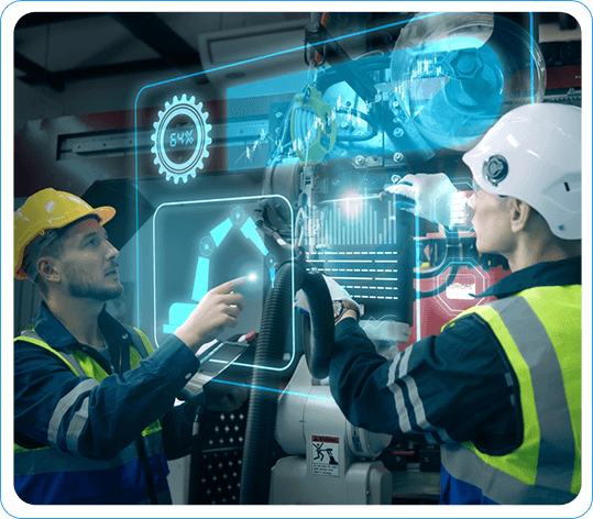 Engineers Utilizing Augmented Reality for Machinery Maintenance in a High-Tech Manufacturing Environment