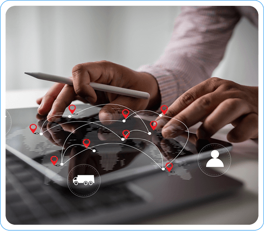 Close-Up Of Hands Using A Tablet With A Stylus And Laptop, Highlighting Manufacturing Supply Chain Connections Through Global Network Icons