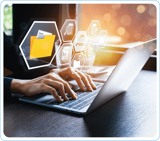 Person Typing on Laptop with Digital Icons Representing Data Repository and File Management System