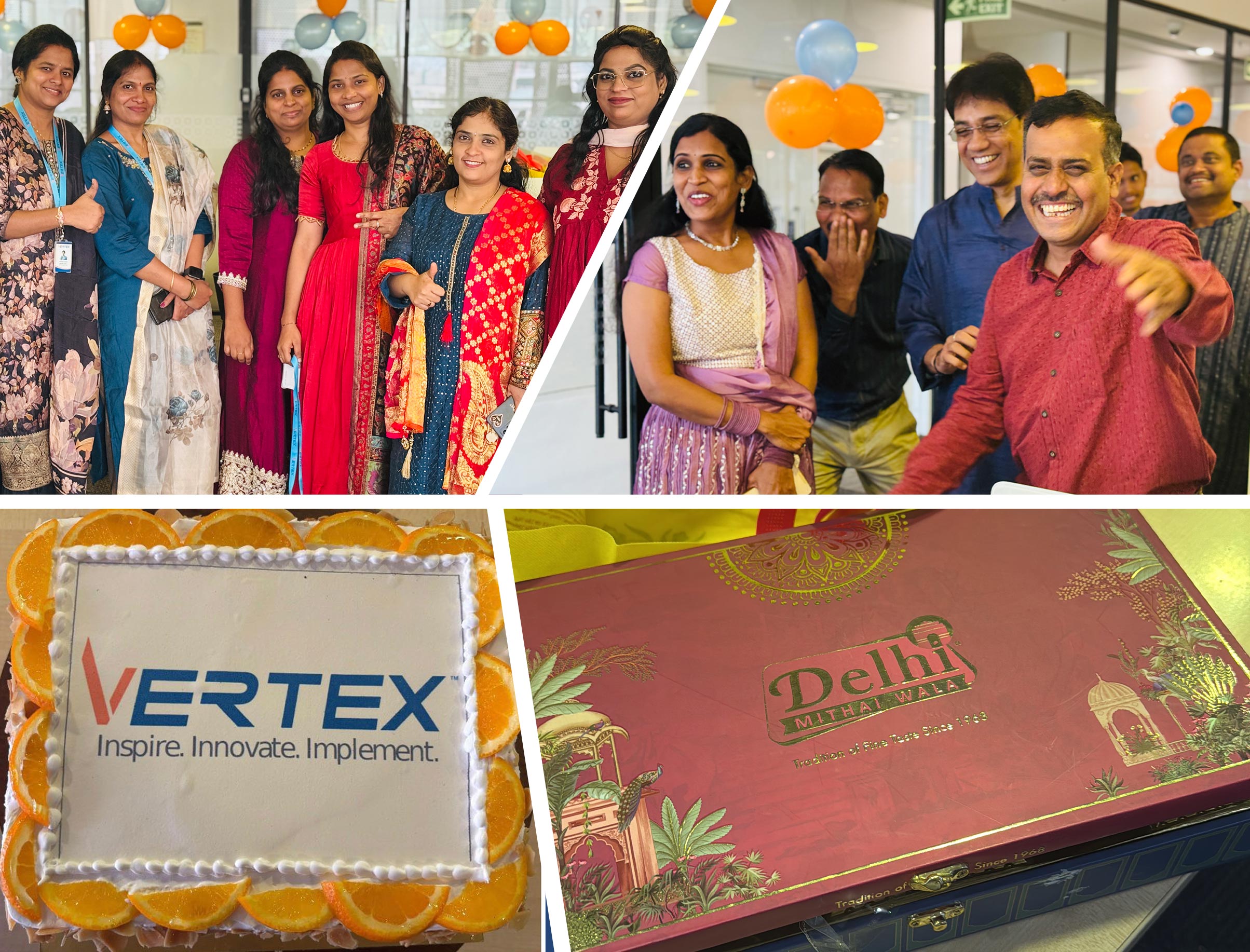 A group of Vertex employees dressed in colorful traditional attire, smiling and posing with thumbs up at the office inauguration event.