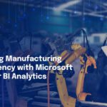 A person's hand holds a tablet displaying Power BI analytics, with robotic arms in background, symbolizing manufacturing efficiency.
