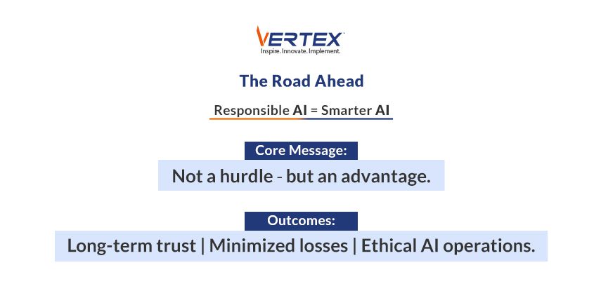 Responsible AI Infographic showing the road ahead for responsible AI with a core message of advantage and outcomes like trust, minimized losses and ethical operations