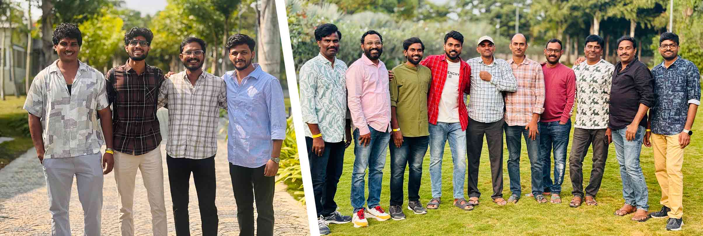 Vertex employees at outdoor retreat team gatherings in natural garden setting